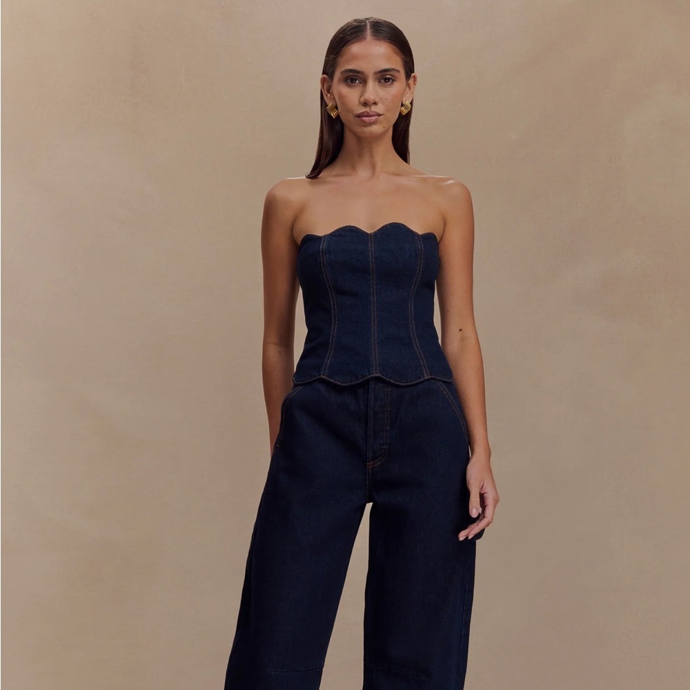 Meshki Women's Denim Corset Scalloped Bandeau Top